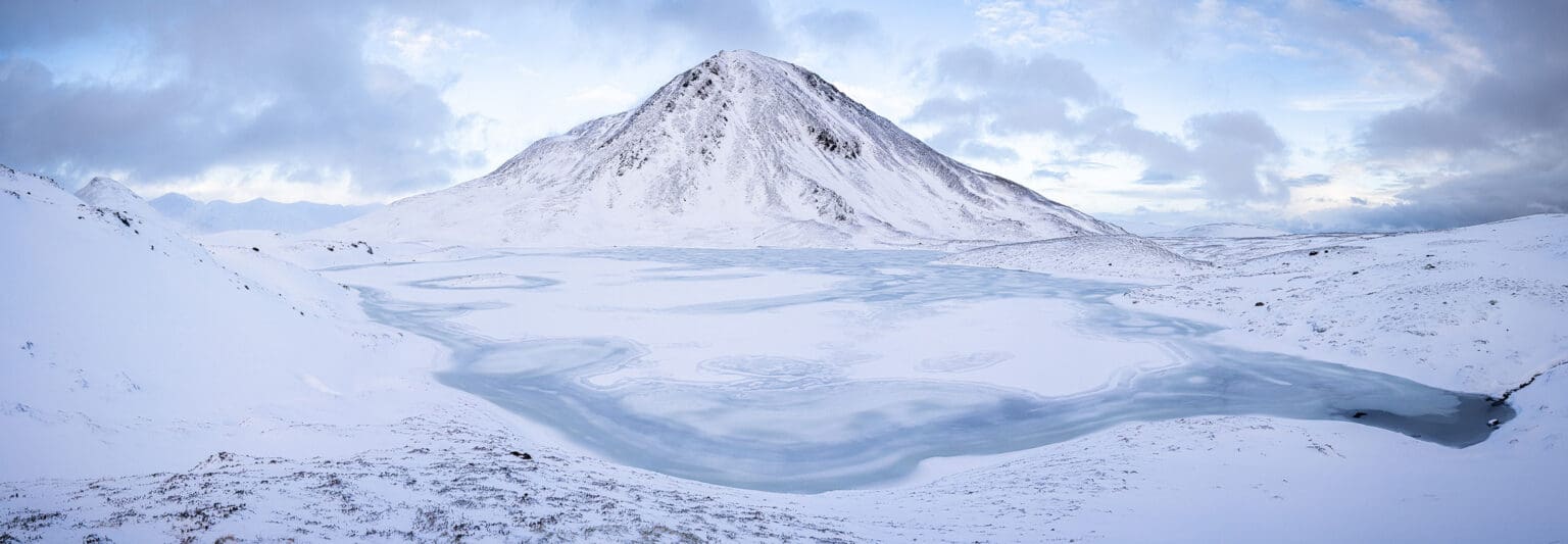 A Frozen Coire an Lochan looking towards Sgurr Elide Mor Panorama - Mamores - Scotland Photography