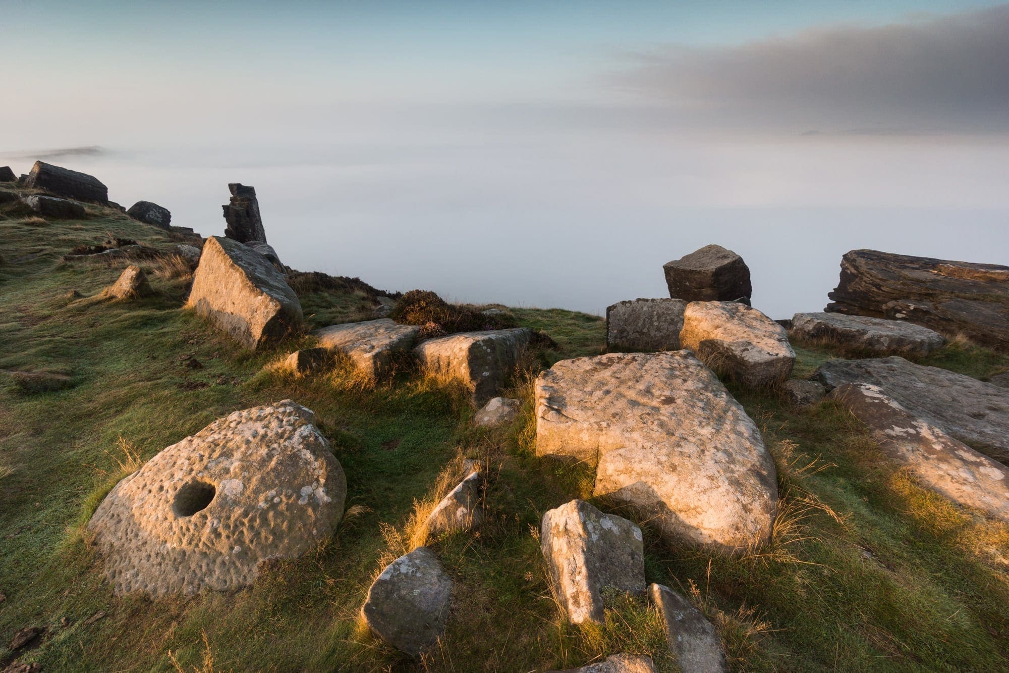 Curbar Edge Millstone and Mist Sunrise - Peak District Photography