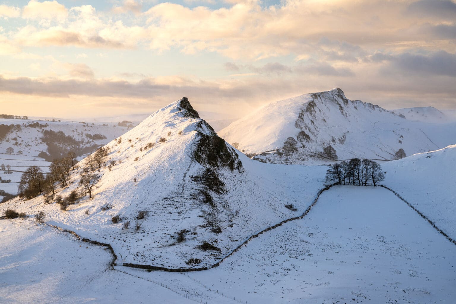 Hitter Hill Sunset in the winter snow looking towards Chrome Hill and Parkhouse Hill at sunset - Peak District Photography