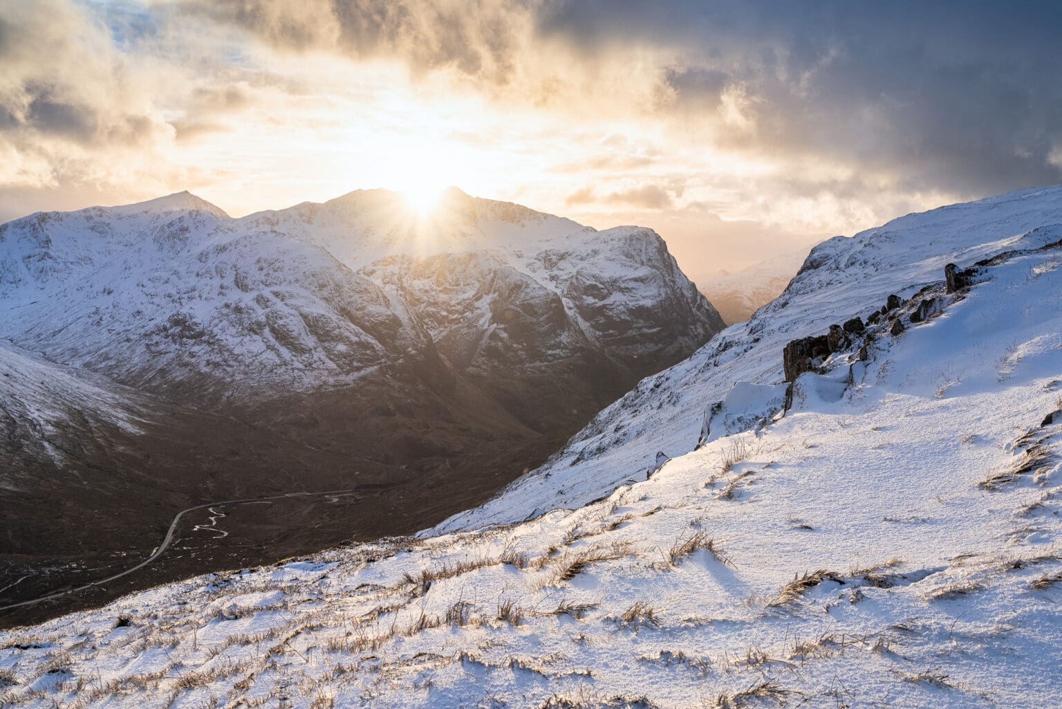 Stob Mhic Mhartuin looking to the Three Sisters on a winters sunset - Glencoe - Scotland Photography