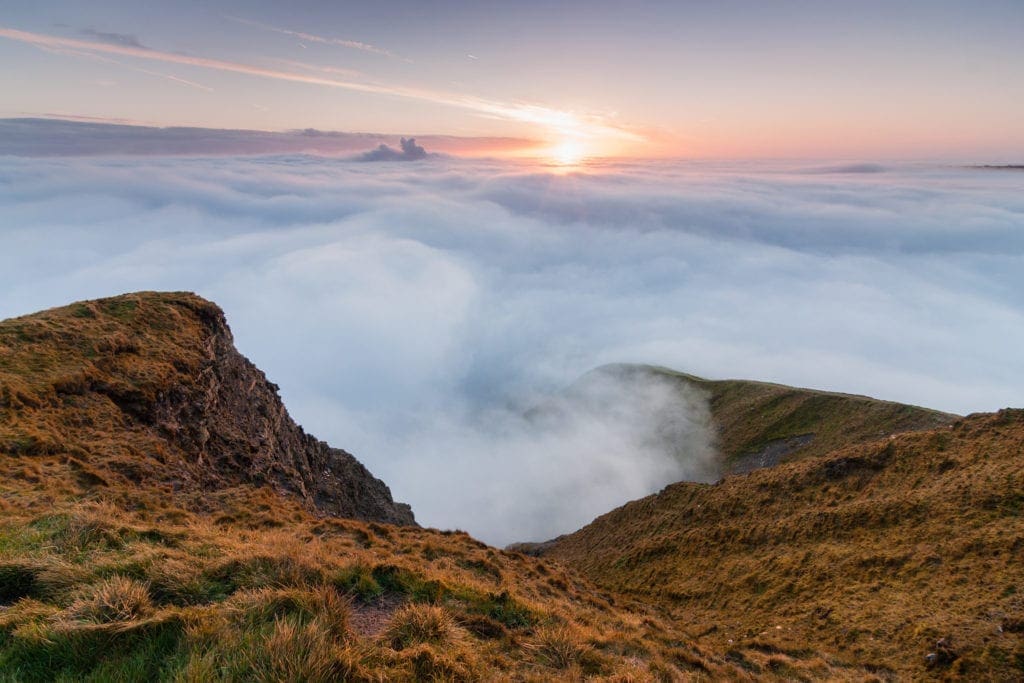 A cloud inversion at sunrise from the landslip on Mam Tor in Autumn - Mam Tor Photography Location Guide