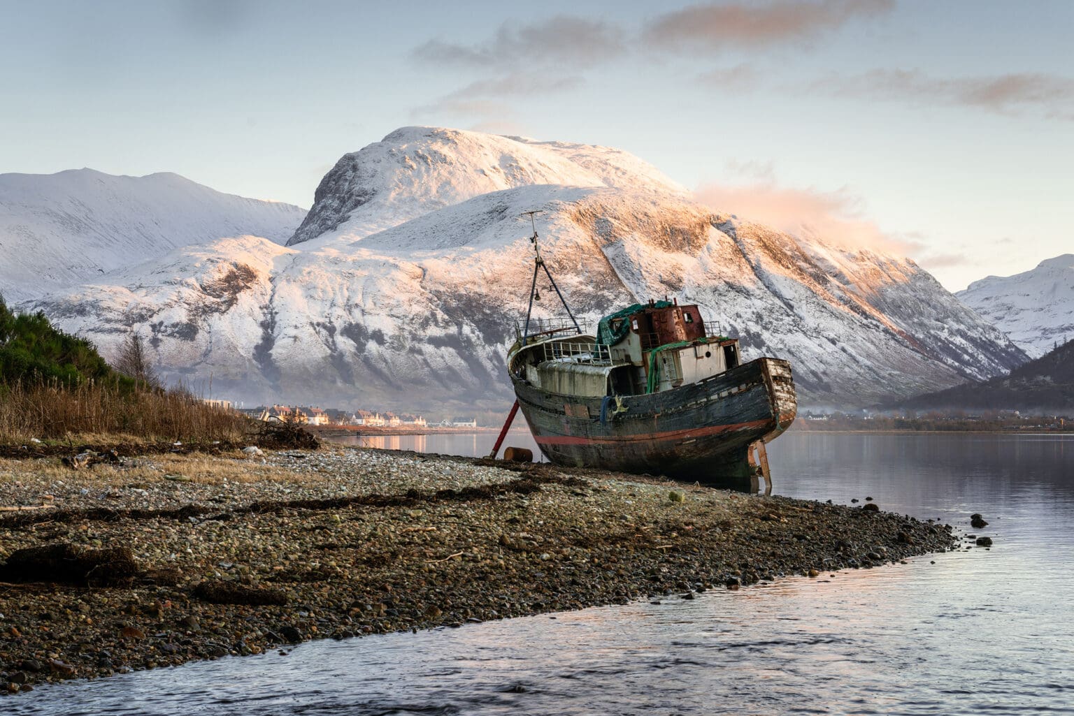 Corpach Boat Sunset with Ben Nevis at Sunset - Fort William -  Scotland Photography