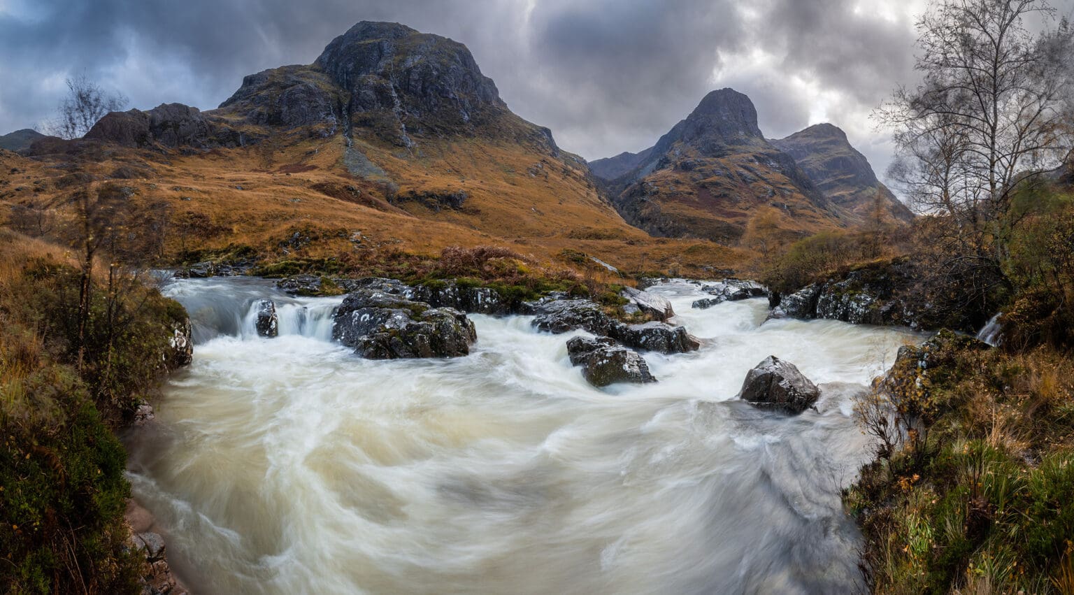 River Coe Waterfall and the Three Sisters in Autumn - Glencoe - Scotland Photography