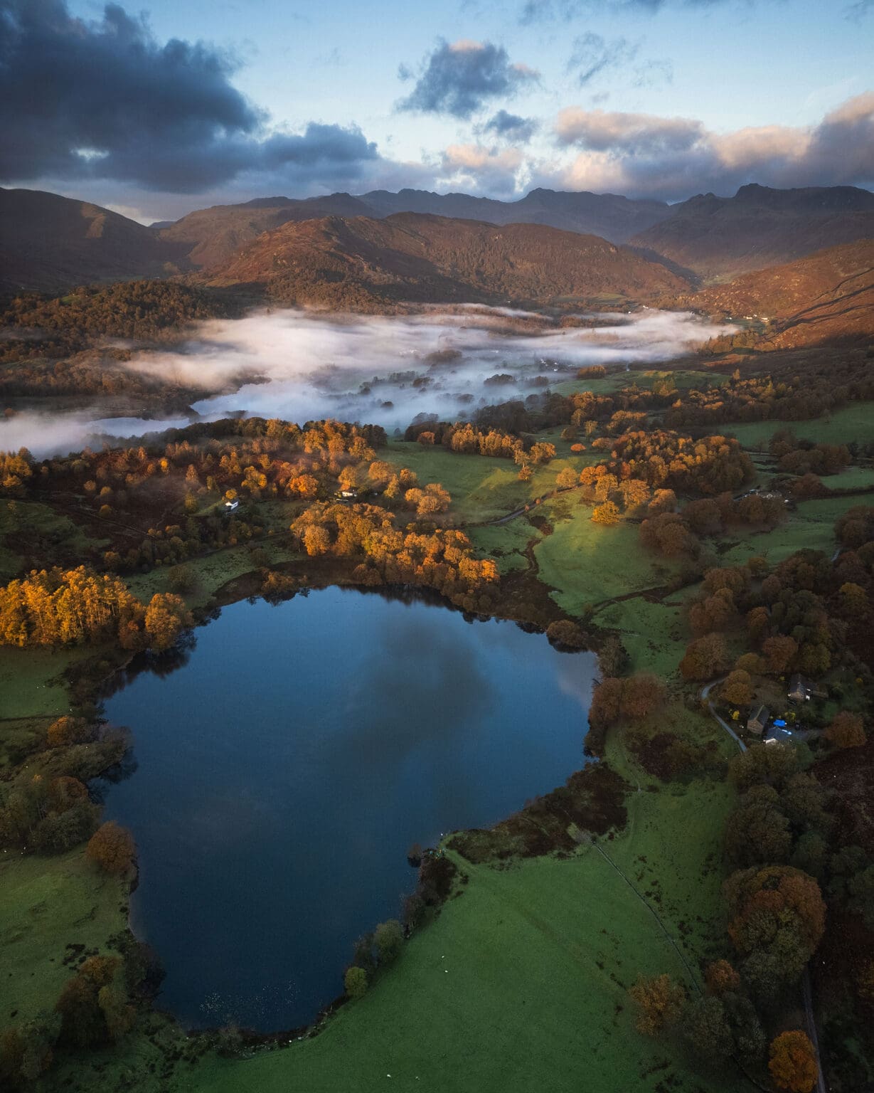 Loughrigg Tarn Aerial Sunrise Portrait - Lake District Photography